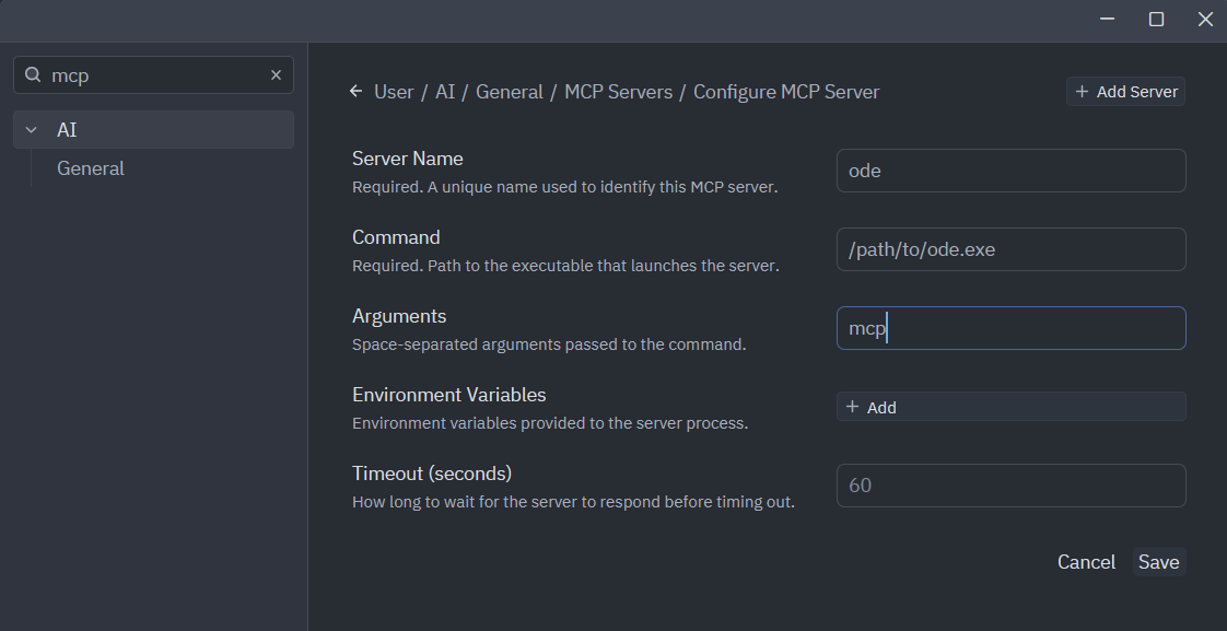 Zed MCP settings configured for ODE